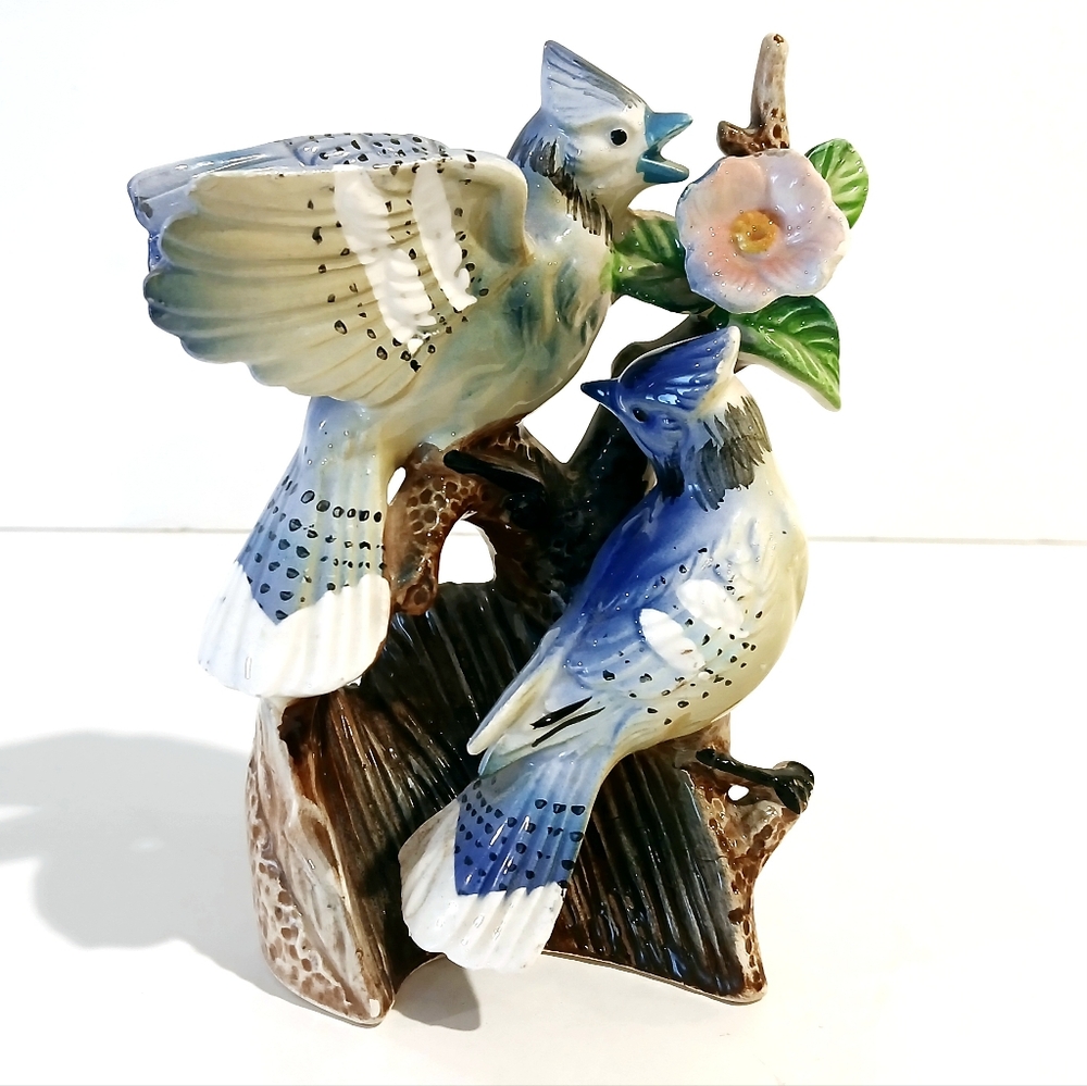 Vintage Porcelain Blue Jay Figurine with Flower